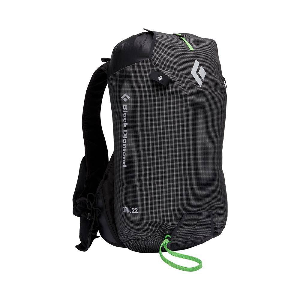 Cirque 22 Ski Vest in black with green cord, featuring multiple compartments and ski-carry options.