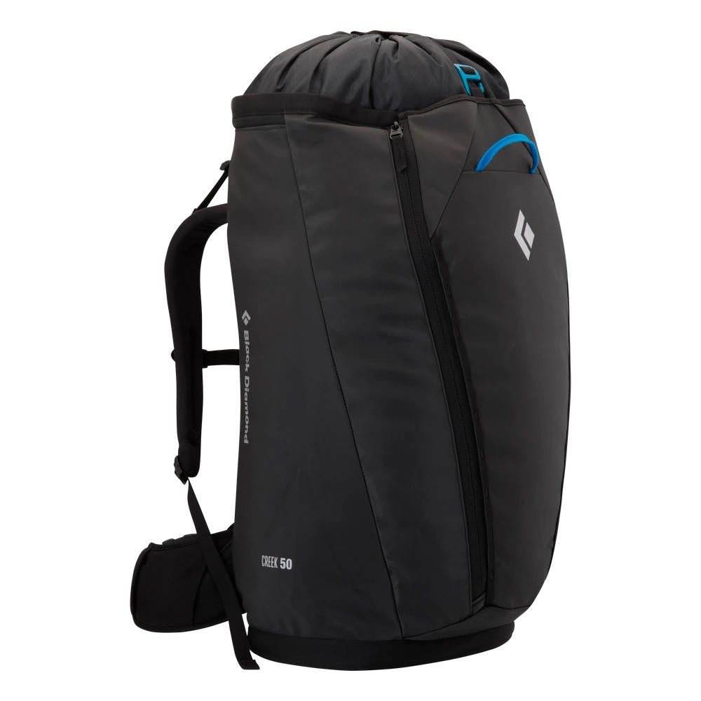 Black Diamond Creek 50 backpack, durable waterproof fabric, top-loading, side zipper access.
