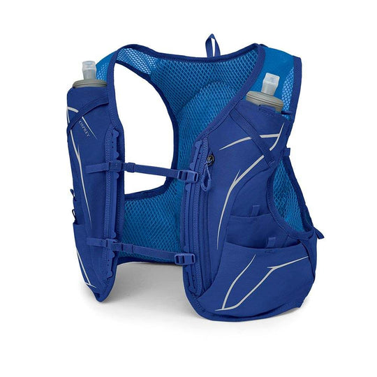 Trail running vest Duro 6 with Hydraulics bottles, adjustable straps, storage pockets, and trekking pole attachment.