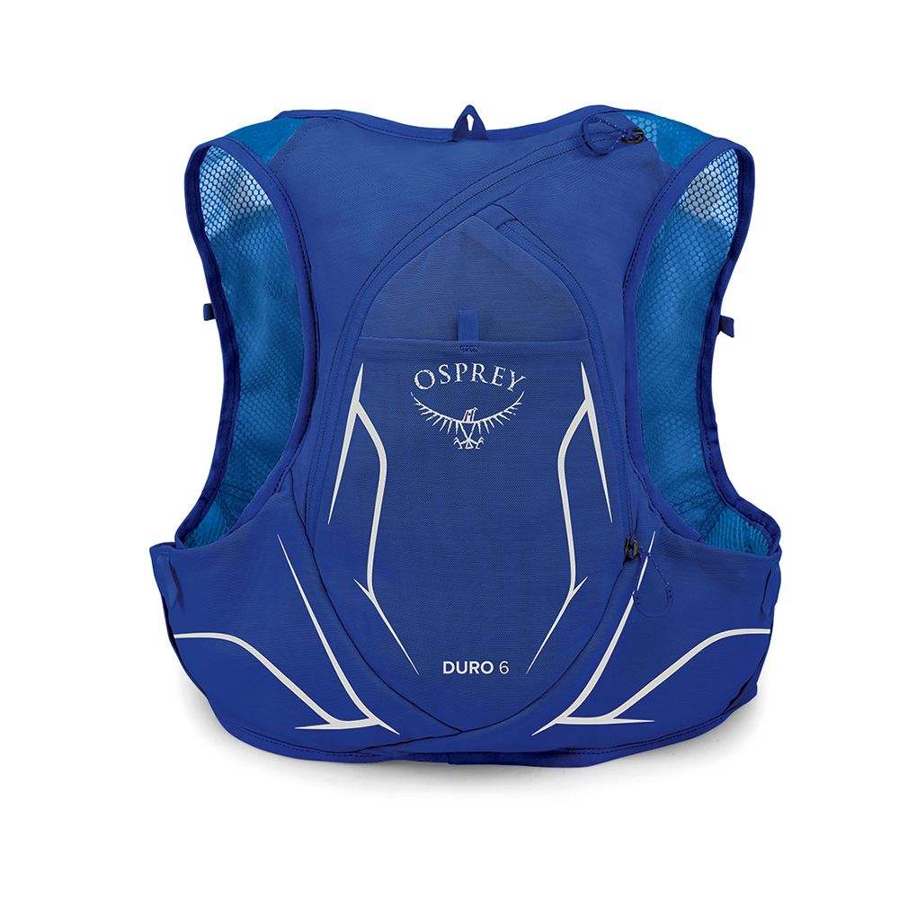Trail running backpack Duro 6 in blue with multiple pockets and adjustable straps.