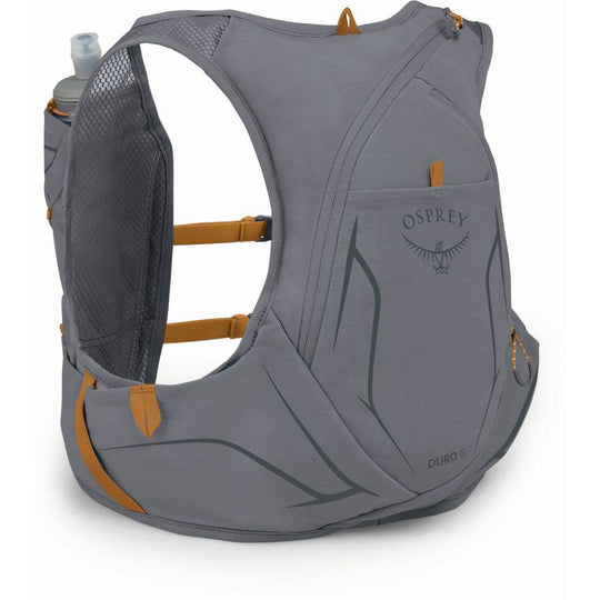 Trail running backpack Duro 6 with hydration bottles and storage pockets.