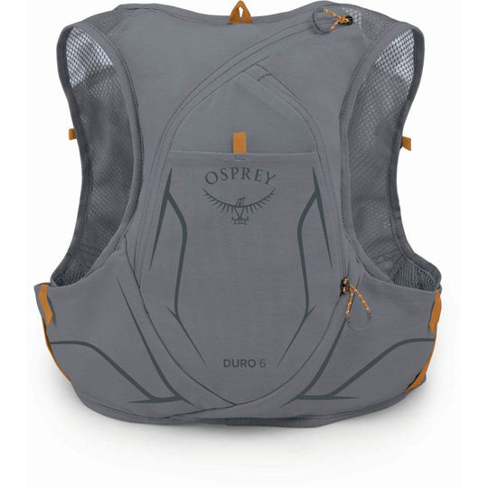 Trail running backpack Duro 6 in gray with ample storage and hydration.