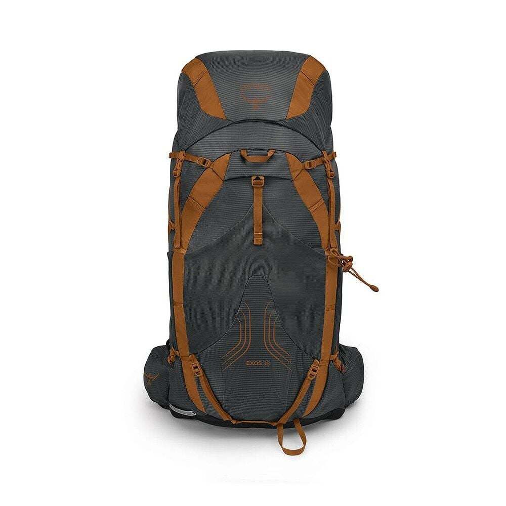 Zaino Exos 38 grigio antracite e arancione, in nylon ripstop, con spallacci imbottiti e cinghie regolabili.