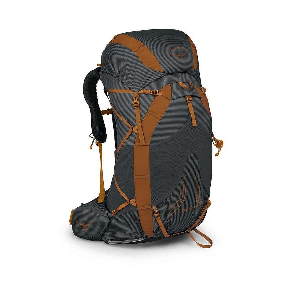Zaino Exos 38 in nylon grigio antracite e arancione, con spallacci imbottiti, tasche e cinghie regolabili.