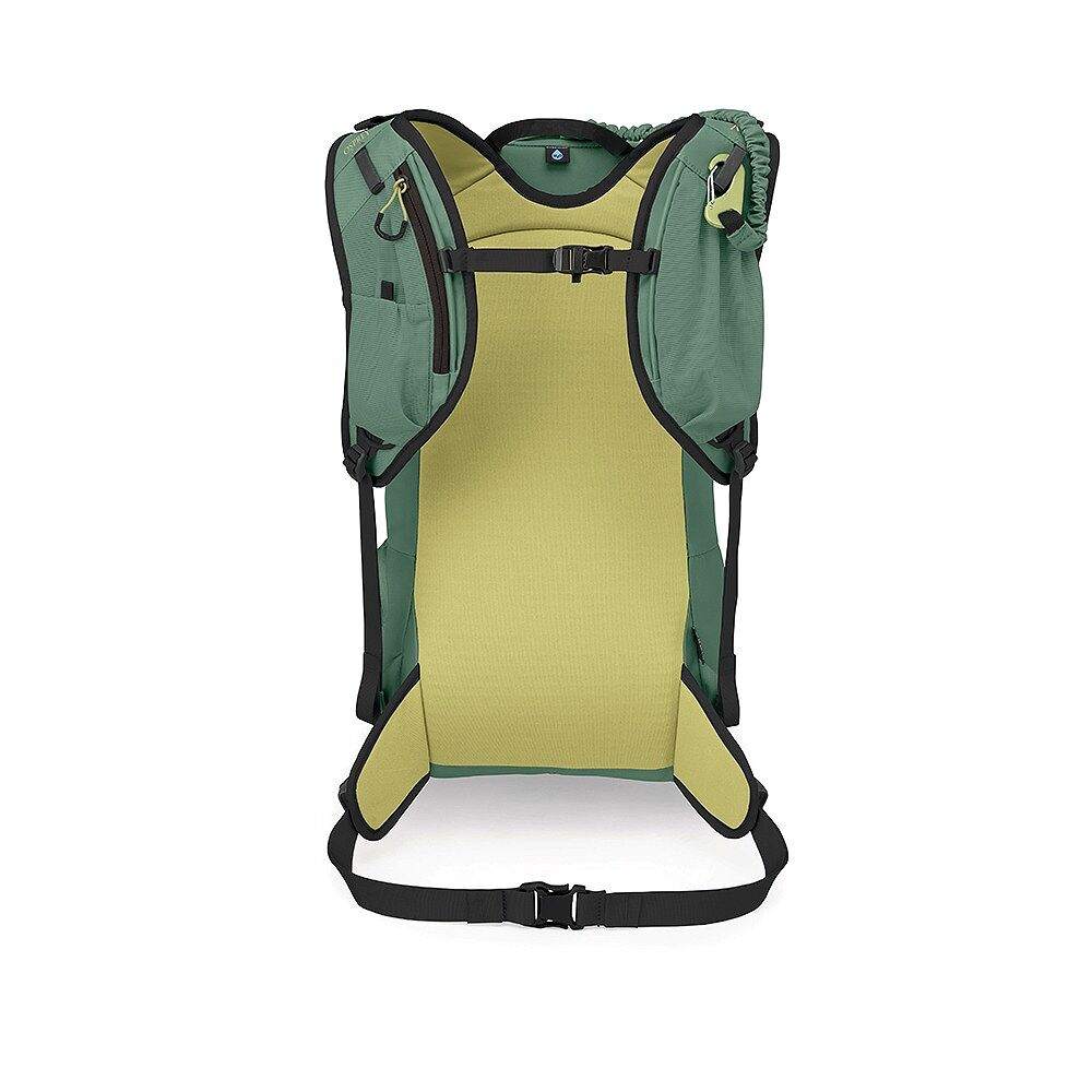 Zaino Firn 18 stile gilet verde salvia e giallo, con spallacci imbottiti e cinghie per ascese ripide e veloci.