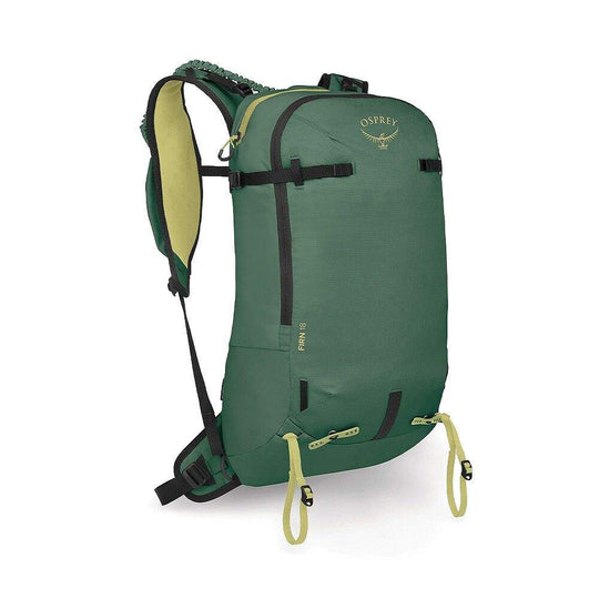 Zaino Osprey Firn 18 verde, con spallacci stile gilet e lacci elastici per gli sci, ideale per ascese ripide e veloci.