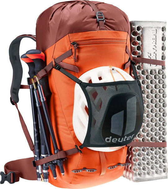 Orange Guide 28 SL backpack with ice axe holder, removable helmet net, adjustable straps, and side pockets.