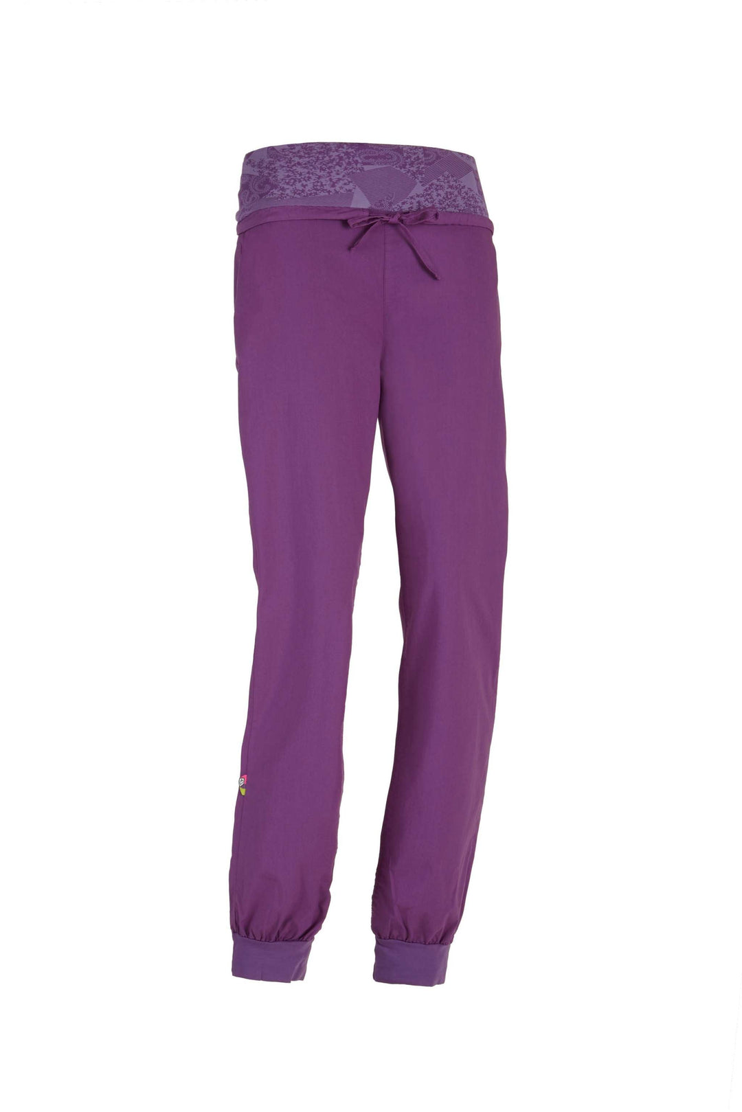 Outdoor climbing pants in organic cotton poplin with embroidery, adjustable printed waist, regular fit, purple.