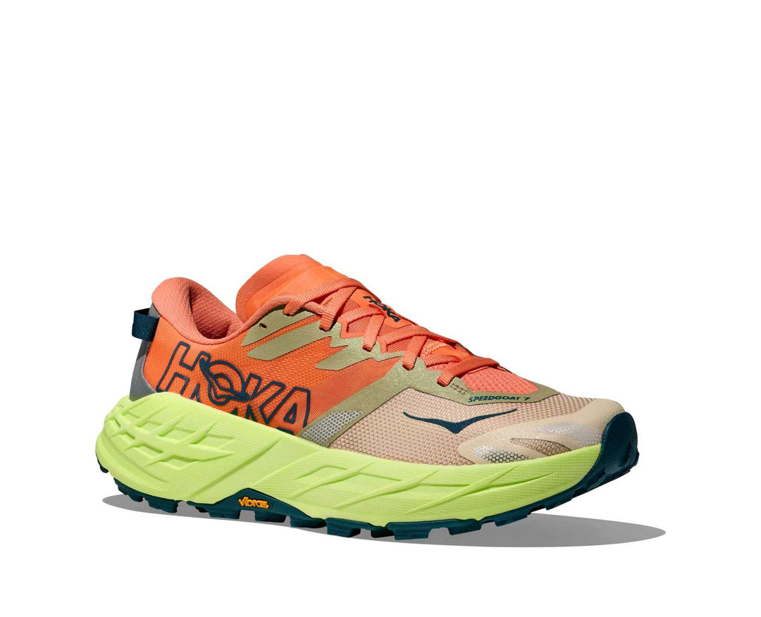 HOKA Speedgoat 7 donna Persimmon/Neon Yuzu, vista di tre quarti frontale