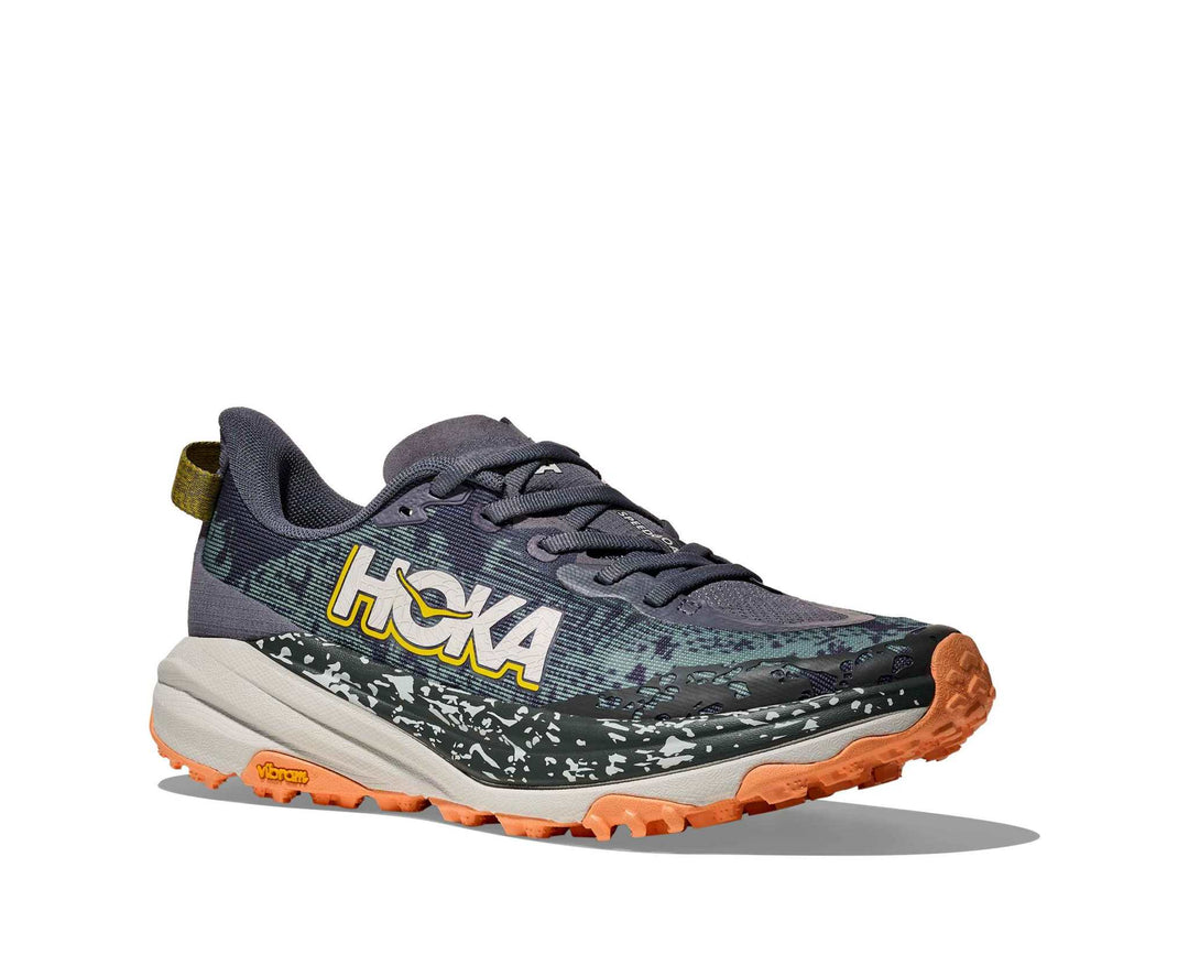 HOKA Speedgoat 6 donna Grey Skies/Cosmic Grey, vista di tre quarti frontale