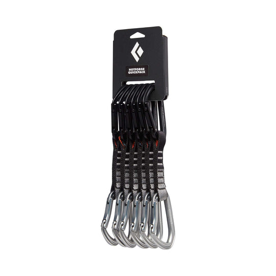 Hotforge Quickpack 12 cm with six Black Diamond HotForge quickdraws featuring straight and curved gate carabiners and 18mm polyester sling