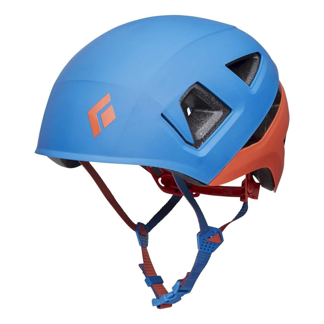 Children's Capitan Helmet, dual-certified for climbing and cycling, in blue and orange design with adjustable fit and ventilation.