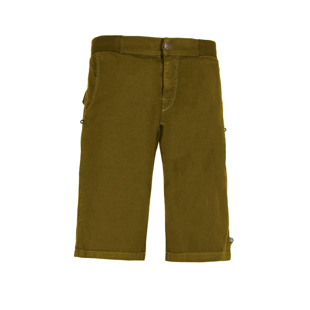Urban climbing shorts 'Kroc Flax' in linen and organic cotton, with embroidery, adjustable belt, and brush holders, made in Italy.