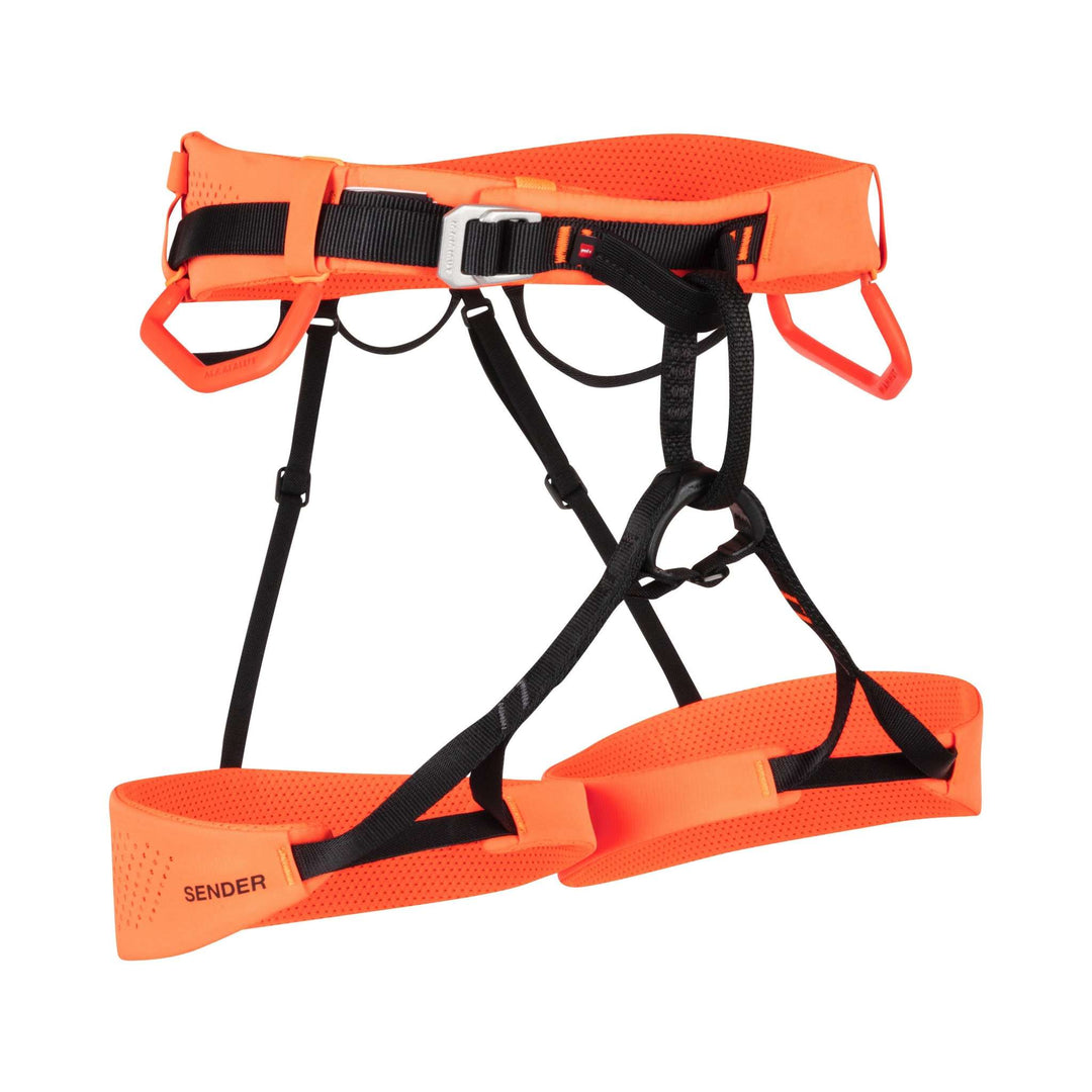 Lightweight Sender Harness for high-performance sport climbing, orange with black straps, laser-cut fabric for breathability, performance-oriented fit.