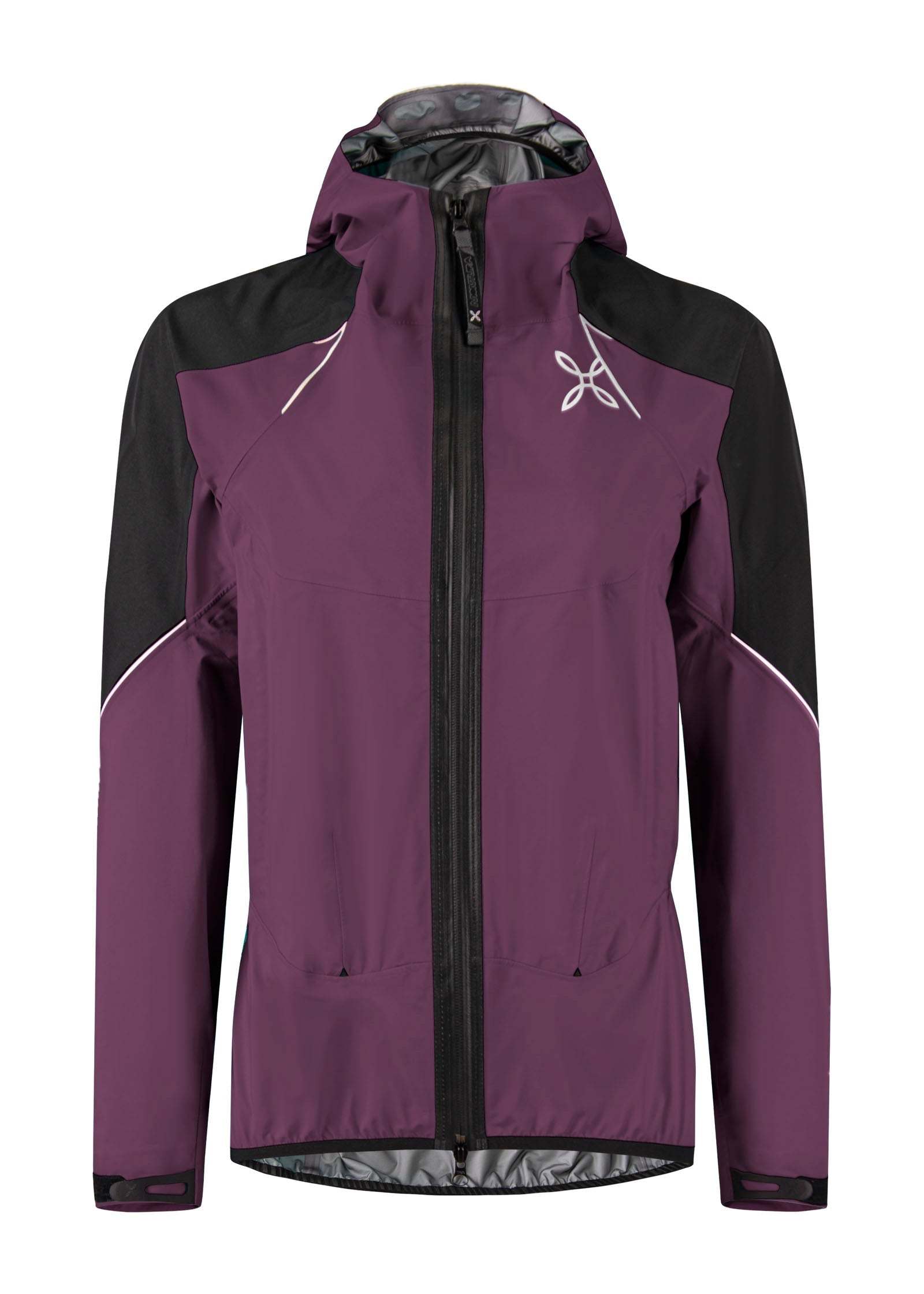 Women's waterproof jacket with hood, GORE-TEX nylon, zip pockets, adjustable cuffs. Ideal for running, climbing.