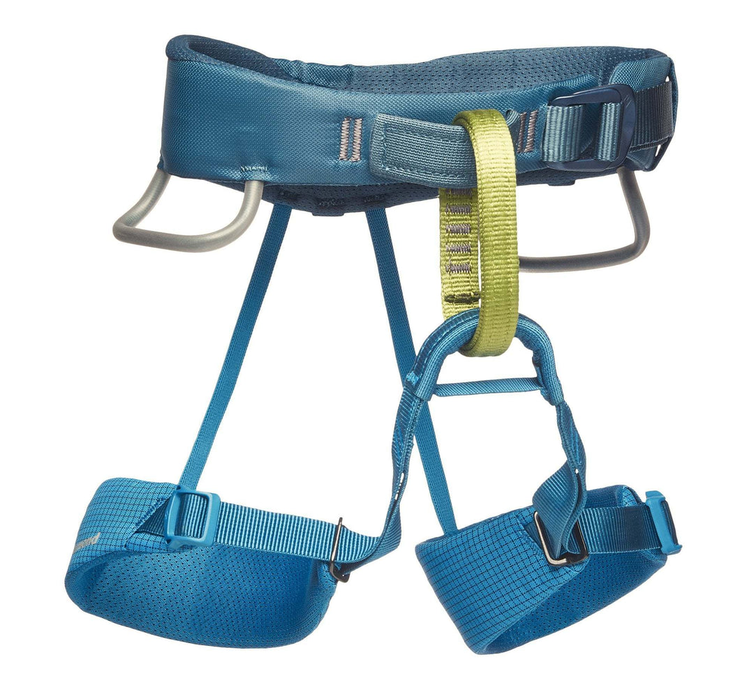 Momentum Harness Kids, Kingfisher - Blue children's climbing harness with adjustable waist and leg loops.