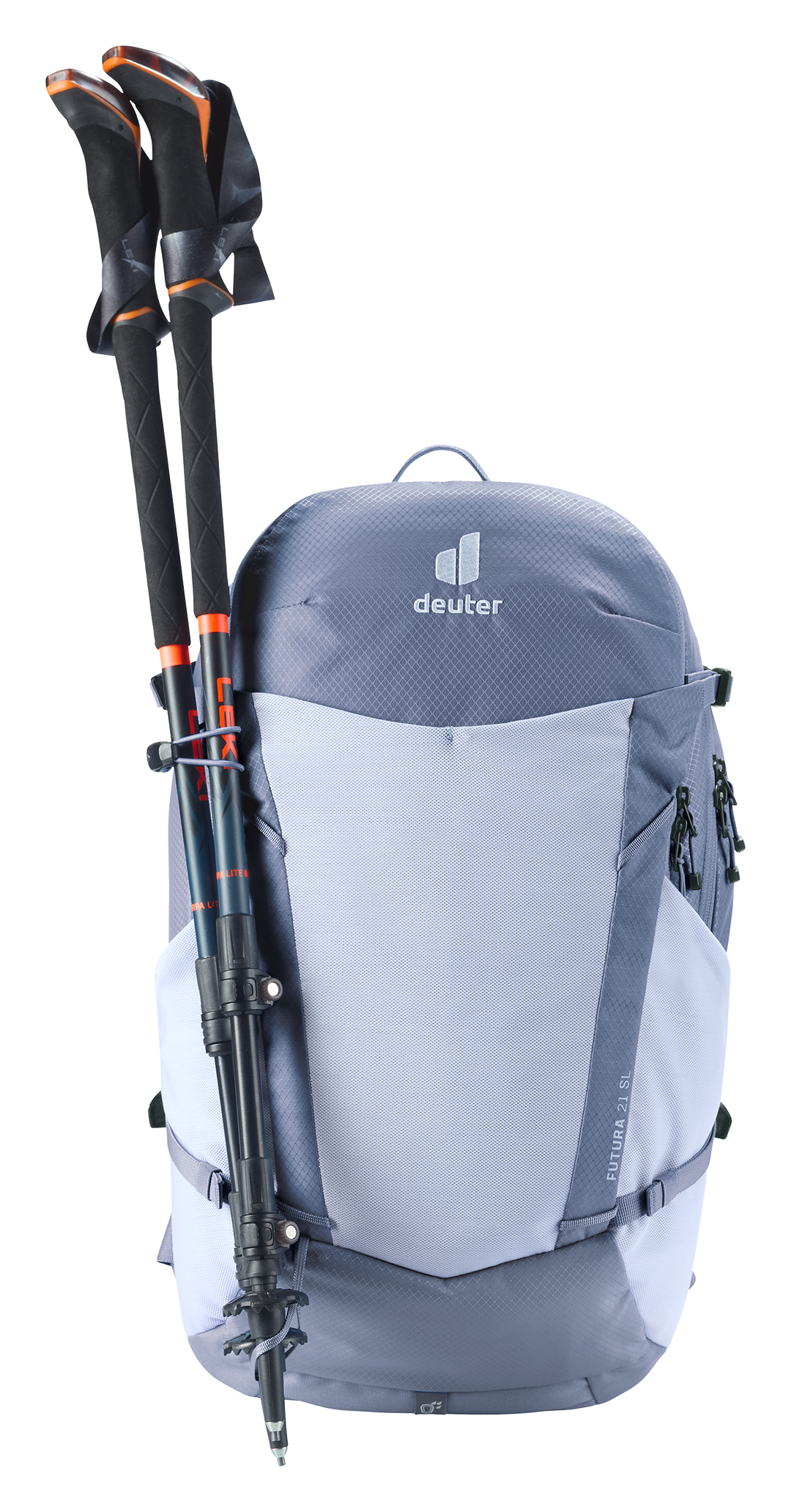 Deuter Futura 21 SL Polar/Bluejay, frontale con bastoncini