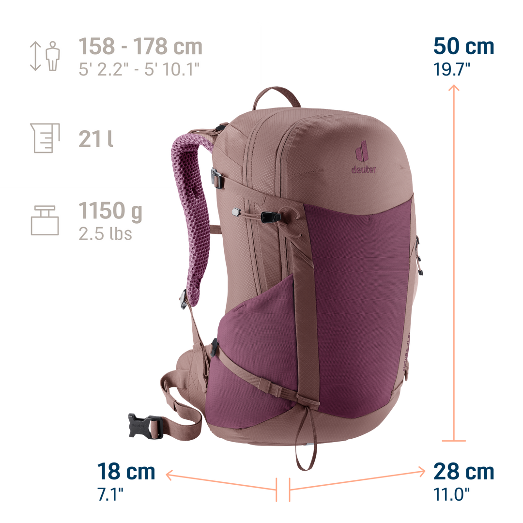 Deuter Futura 21 SL Cassis/Ashrose, infografica con dimensioni, volume e peso