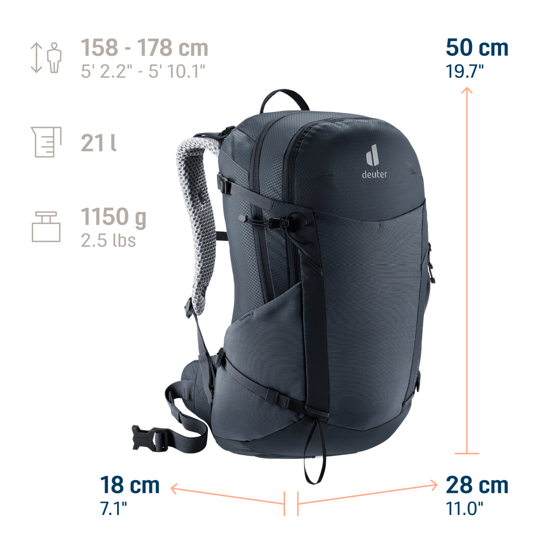 Deuter Futura 21 SL Black, infografica con dimensioni, volume e peso