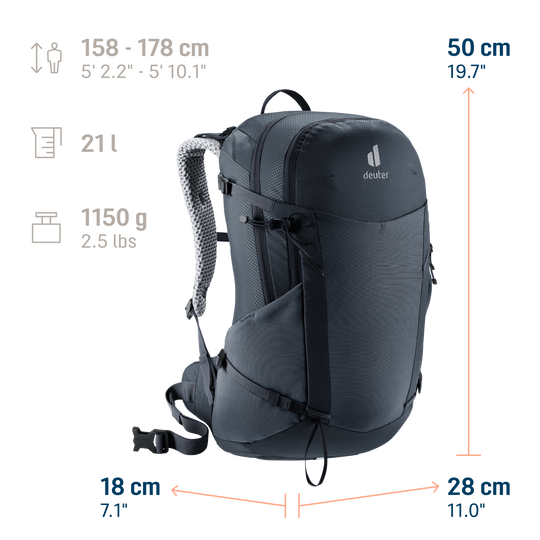 Deuter Futura 21 SL Black, infografica con dimensioni, volume e peso