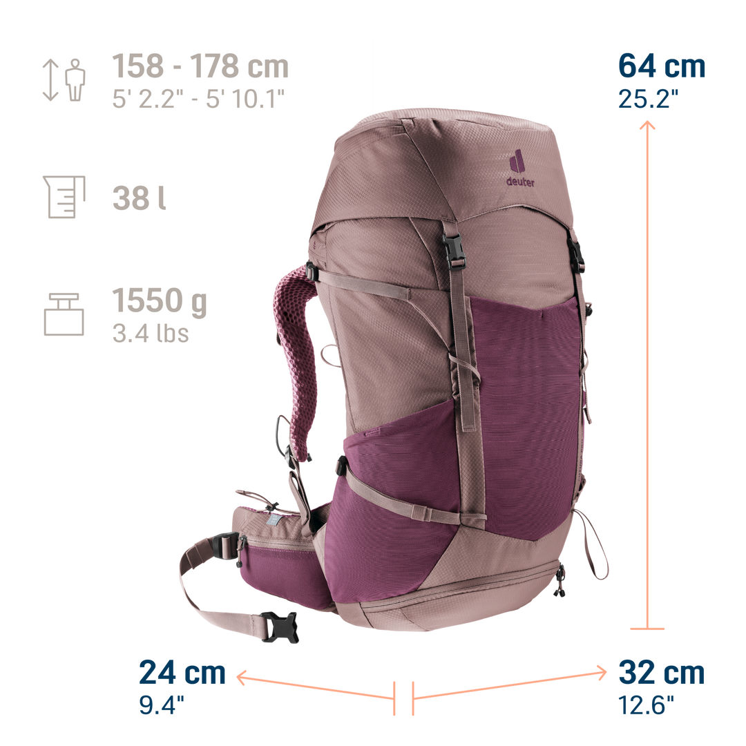 Deuter Futura Pro 38 SL Cassis/Ashrose, infografica con dimensioni, volume e peso
