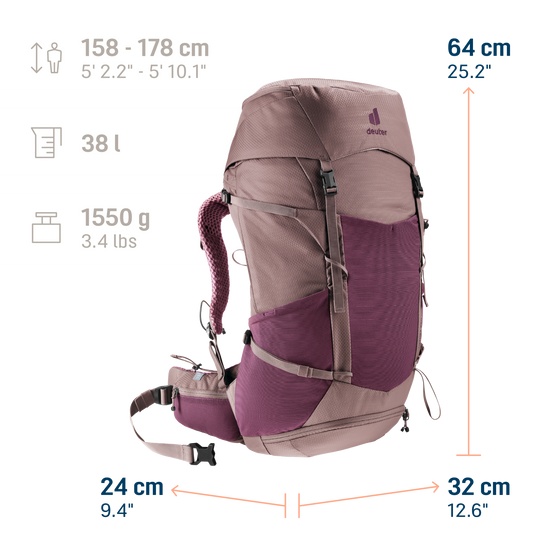 Deuter Futura Pro 38 SL Cassis/Ashrose, infografica con dimensioni, volume e peso