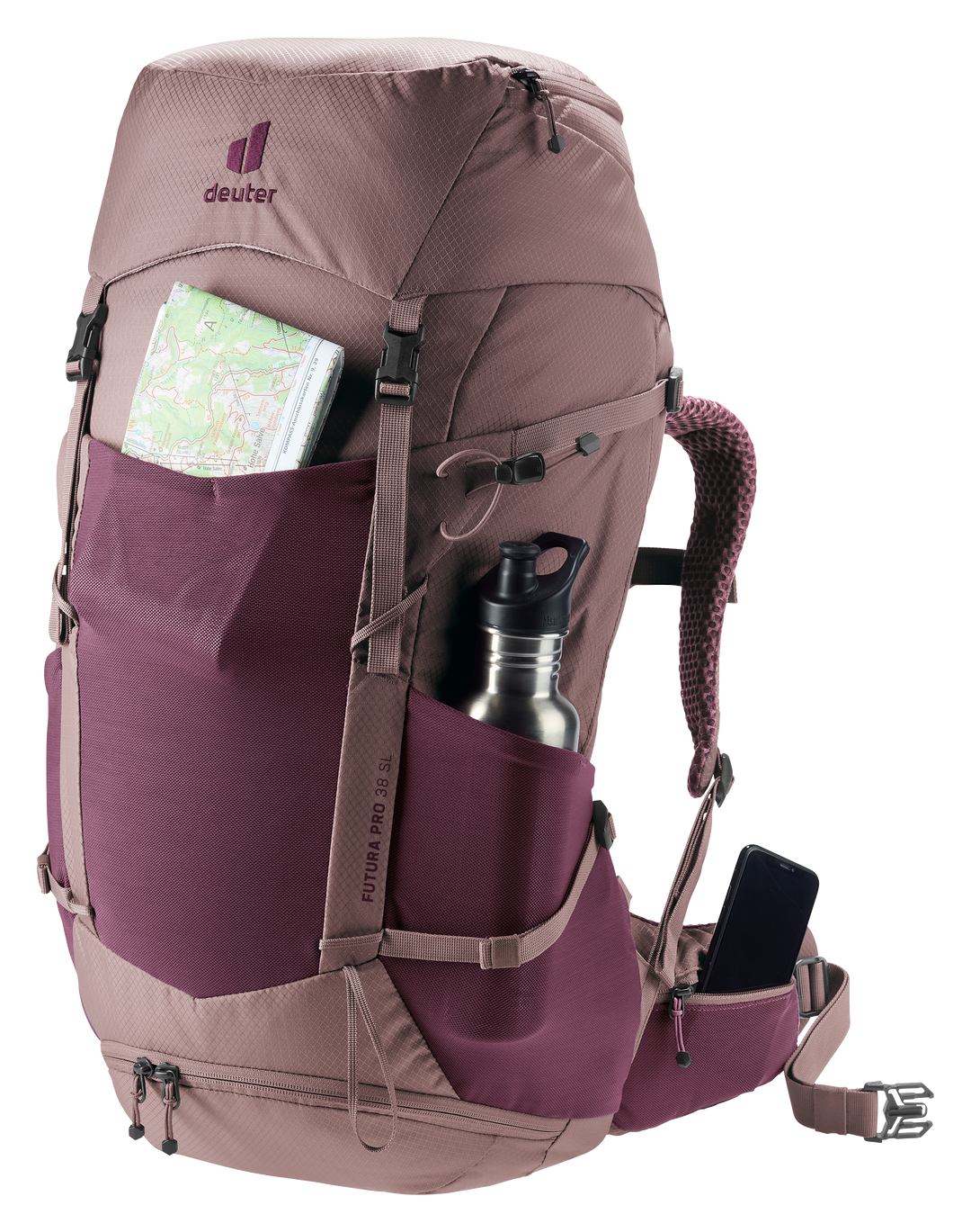 Deuter Futura Pro 38 SL Cassis/Ashrose, tasche con mappa e borraccia