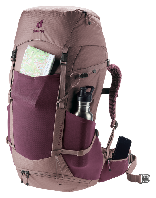 Deuter Futura Pro 38 SL Cassis/Ashrose, tasche con mappa e borraccia