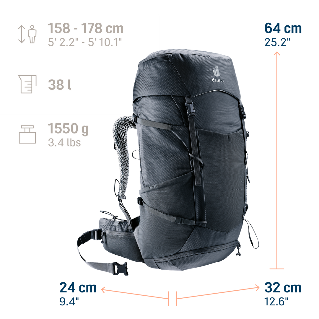 Deuter Futura Pro 38 SL Black, infografica con dimensioni, volume e peso