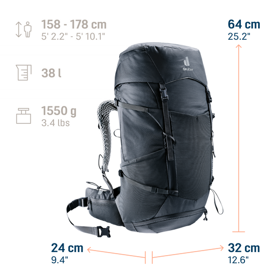 Deuter Futura Pro 38 SL Black, infografica con dimensioni, volume e peso