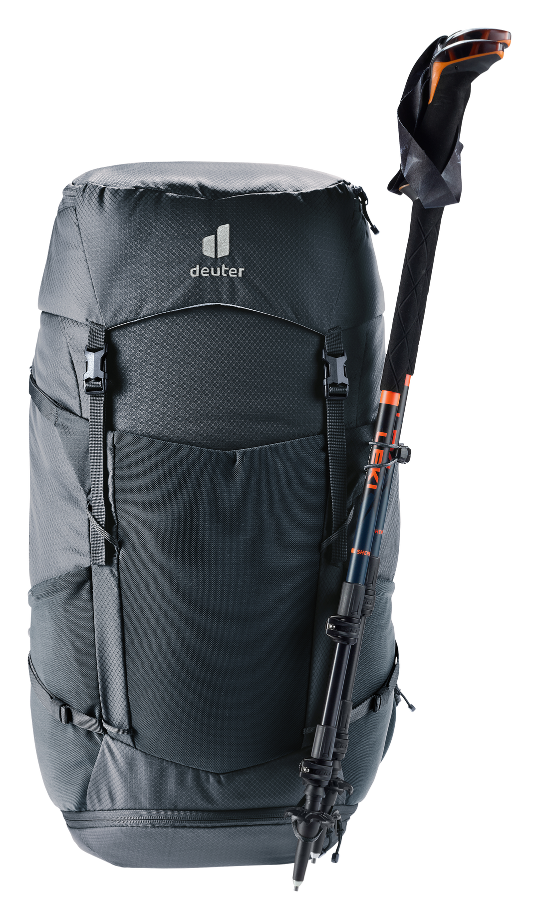 Deuter Futura Pro 38 SL Black, frontale con bastoncini