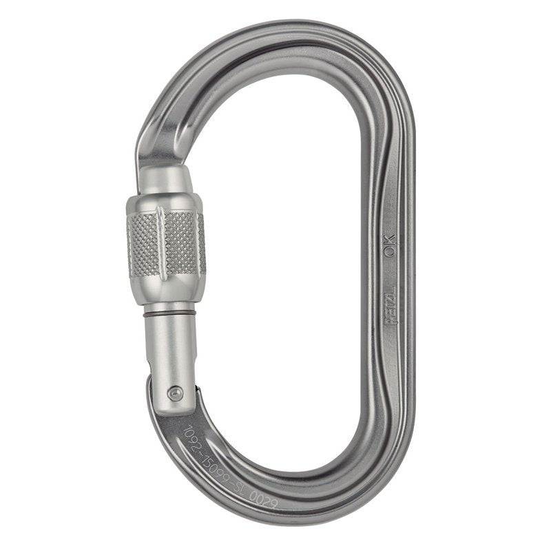 Oval aluminum carabiner with screw lock, ideal for pulleys and clamps.