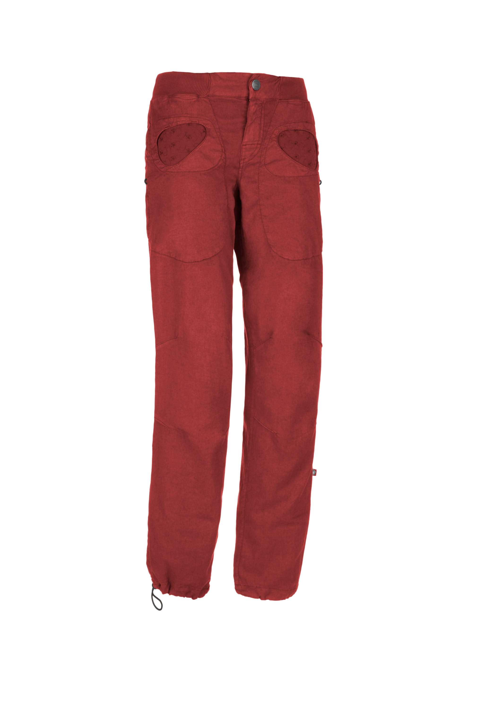 Onda Flax outdoor climbing pants with adjustable hem and waist, linen and organic cotton blend, red color.