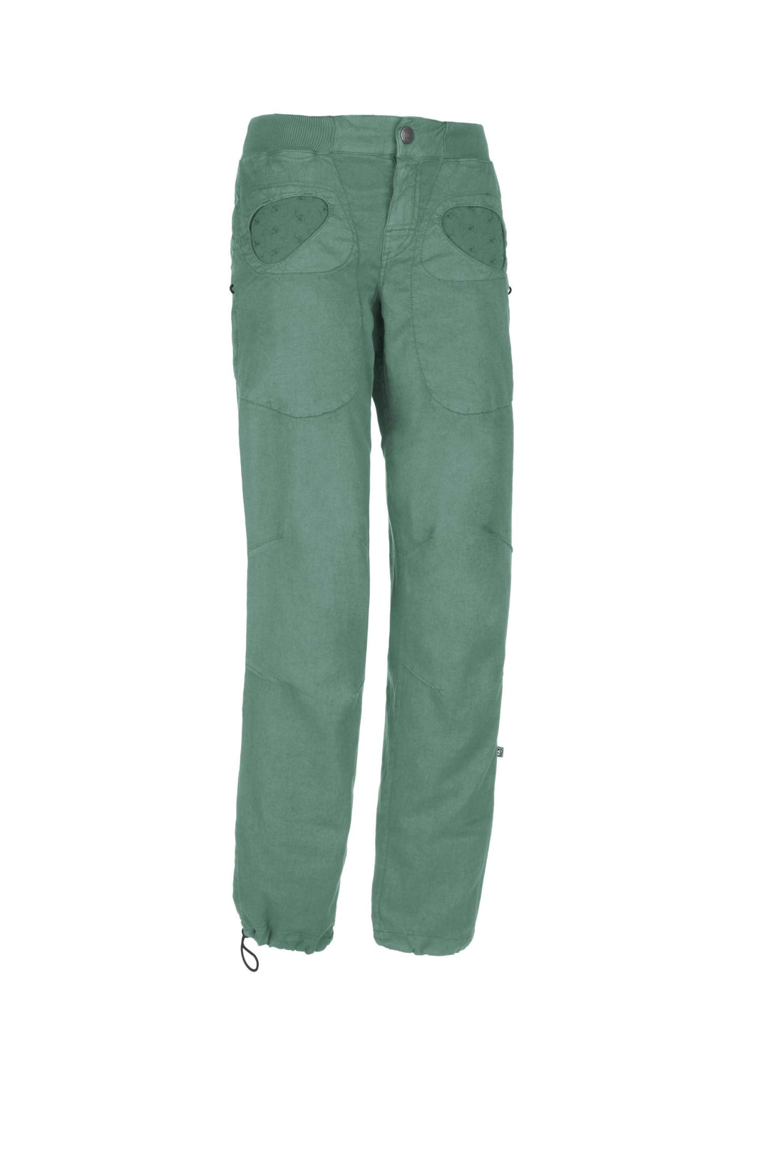 Outdoor climbing pants in green linen and organic cotton blend, featuring adjustable waist and leg cuffs, with side brush holders and rear embroidery.