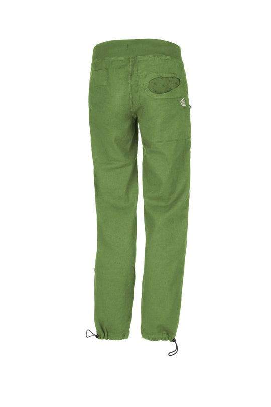 Outdoor climbing pants in green linen-cotton blend with adjustable waist and legs, and embroidery on the back.