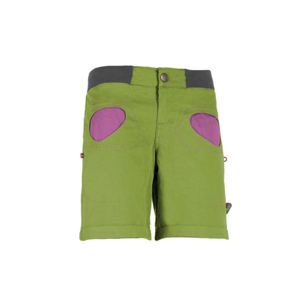 Urban climbing shorts with stretch gabardine, contrasting pocket fabric, rear leg embroidery, dual brush holders, adjustable waist, and slim fit, made in Italy.