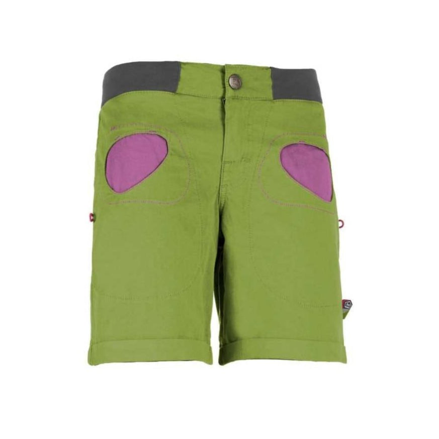 Urban climbing shorts with stretch gabardine, contrasting pocket fabric, rear leg embroidery, dual brush holders, adjustable waist, and slim fit, made in Italy.