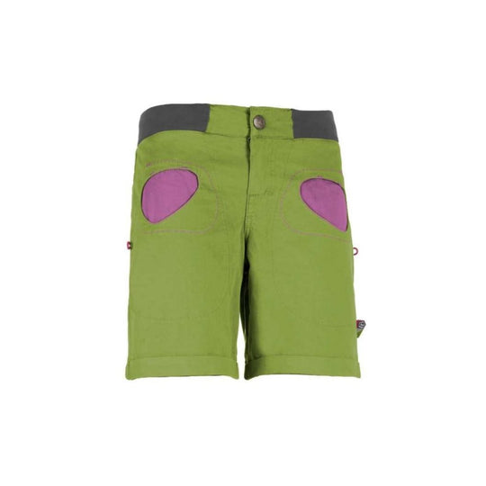 Urban climbing shorts with stretch gabardine, contrasting pocket fabric, rear leg embroidery, dual brush holders, adjustable waist, and slim fit, made in Italy.