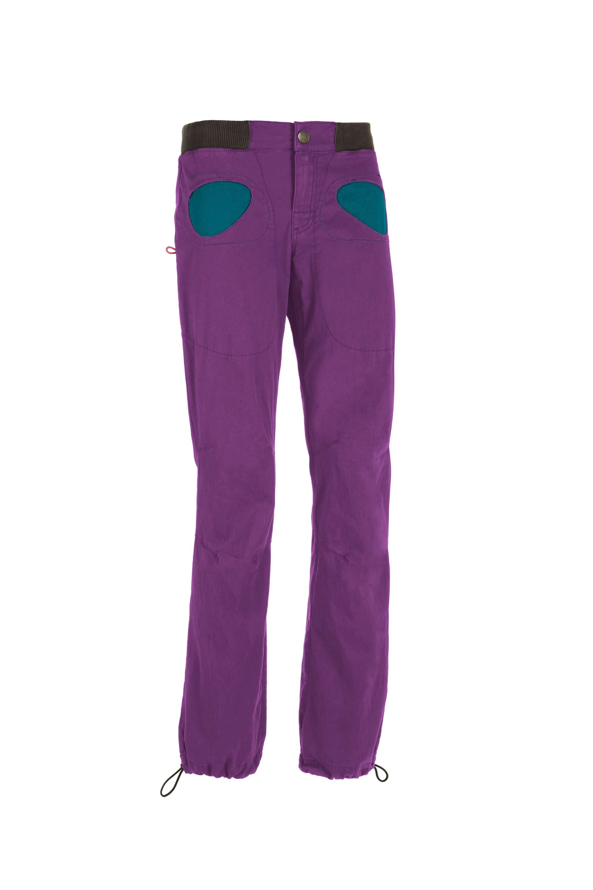 Onda Story slim fit outdoor climbing pants in organic stretch cotton with adjustable waist and leg cuffs, contrast pockets, and dual toothbrush holders, made in Italy.
