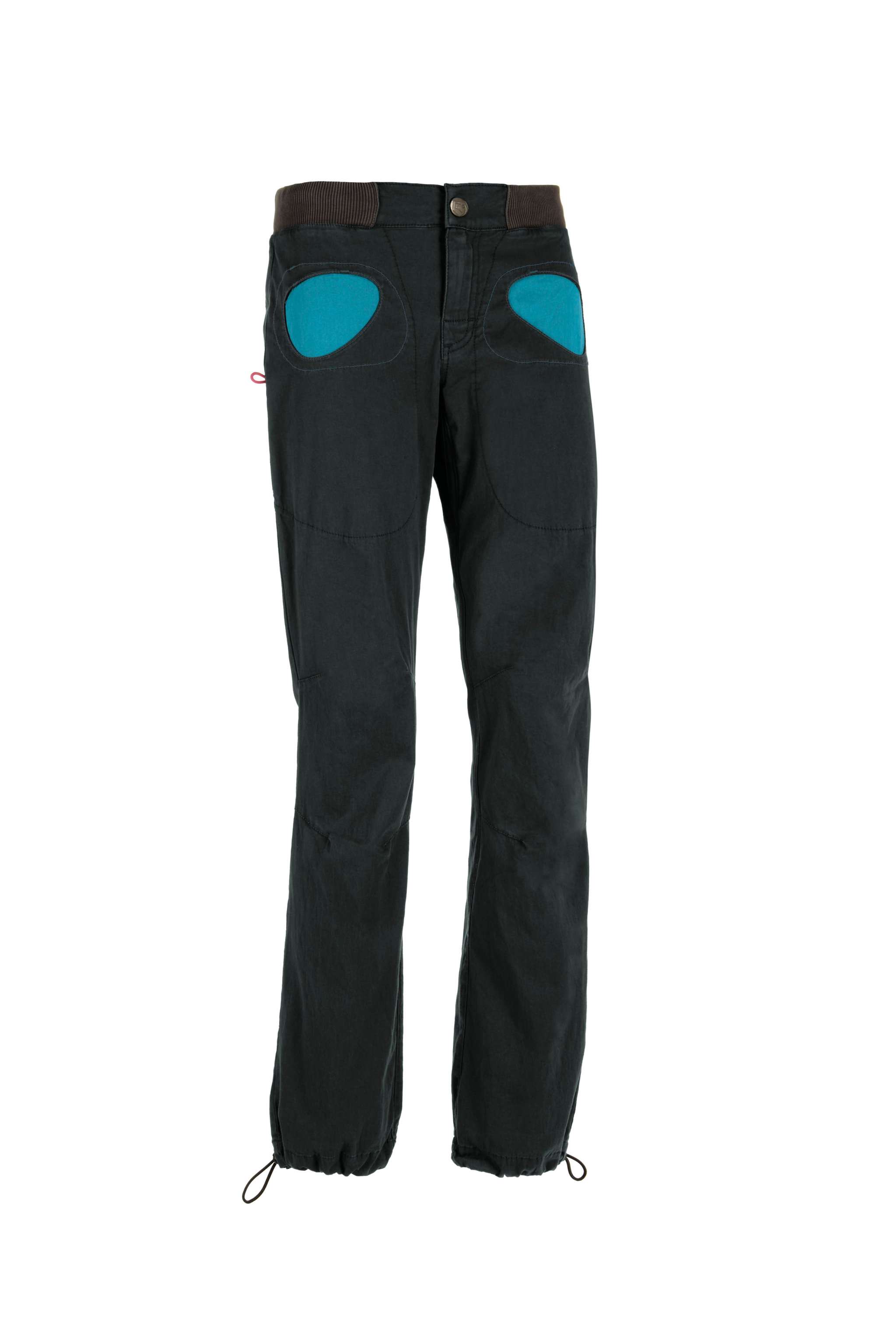 Outdoor climbing pants in stretch gabardine, featuring organic cotton, adjustable waist and cuffs, contrasting pocket fabric, slim fit, made in Italy.
