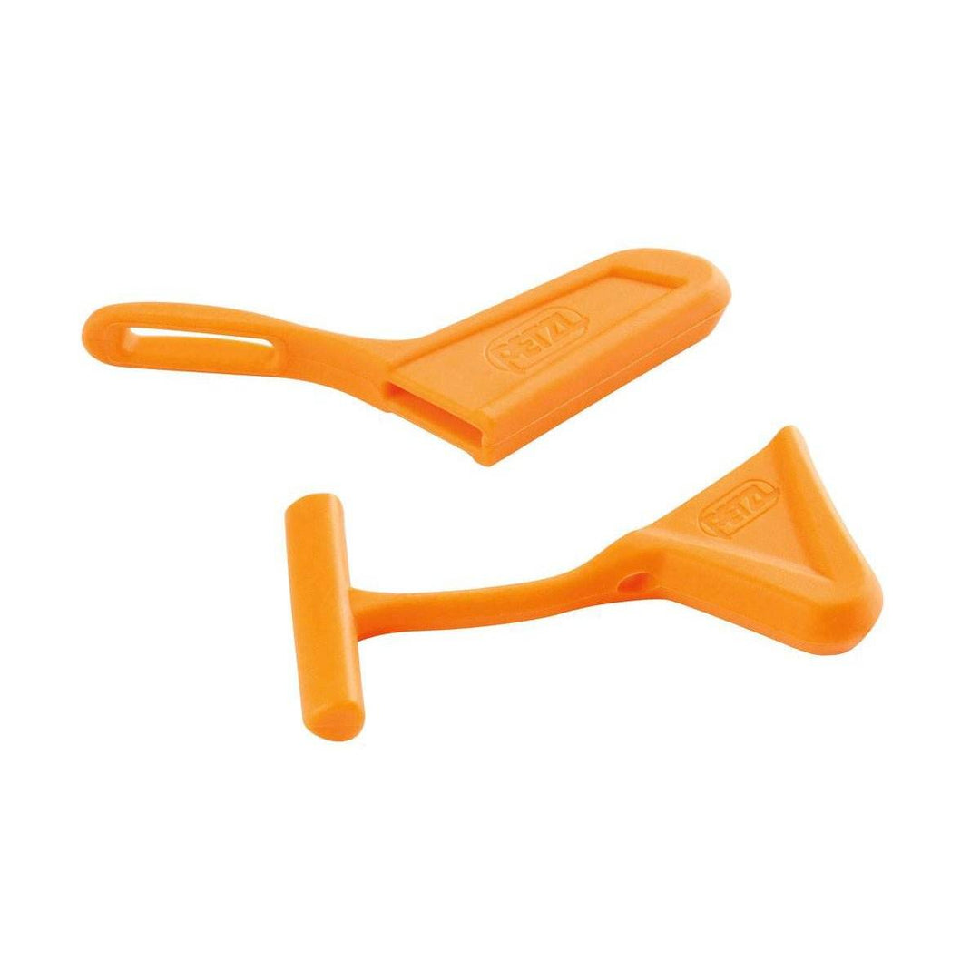 Orange pick and spike protection caps for Petzl ice axes, made of TPE.