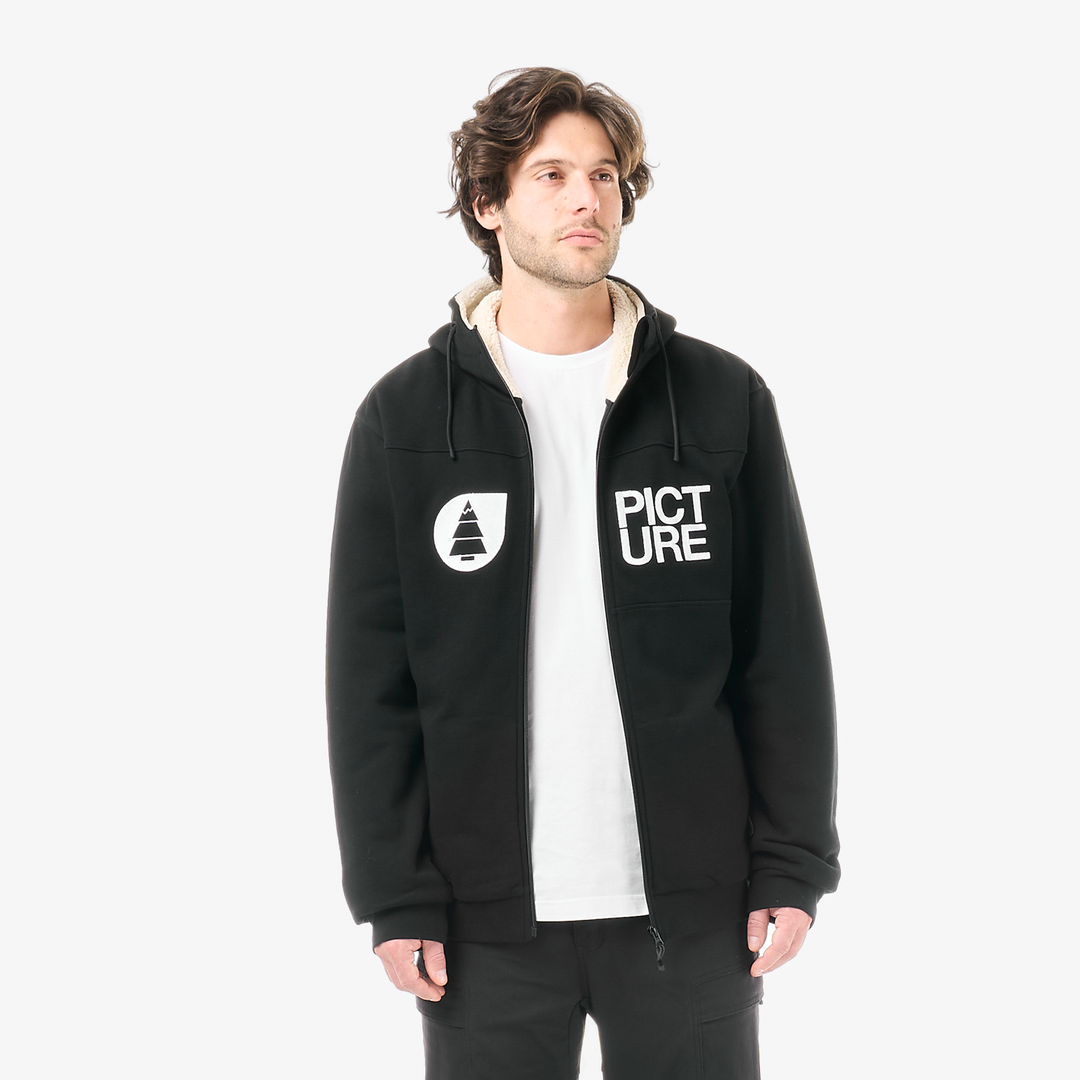 Picture Basement Plush Zip Hoodie Black – fronte indossato