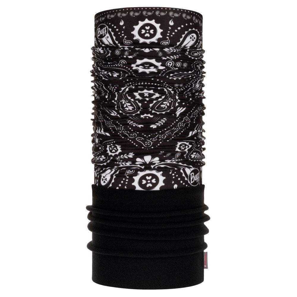 Black and white Polar neck gaiter with bandana print pattern.