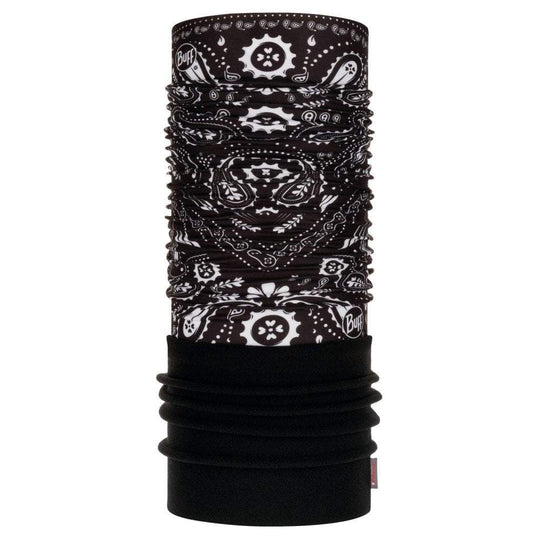 Black and white Polar neck gaiter with bandana print pattern.
