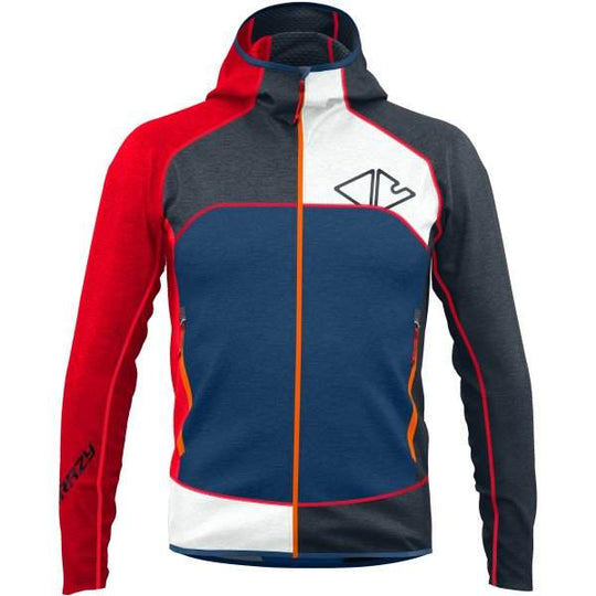 Pull Resolution Light jacket with colorful design, elastic-hemmed hood, zip pockets, and lightweight HP3D fabric for versatile trekking use.