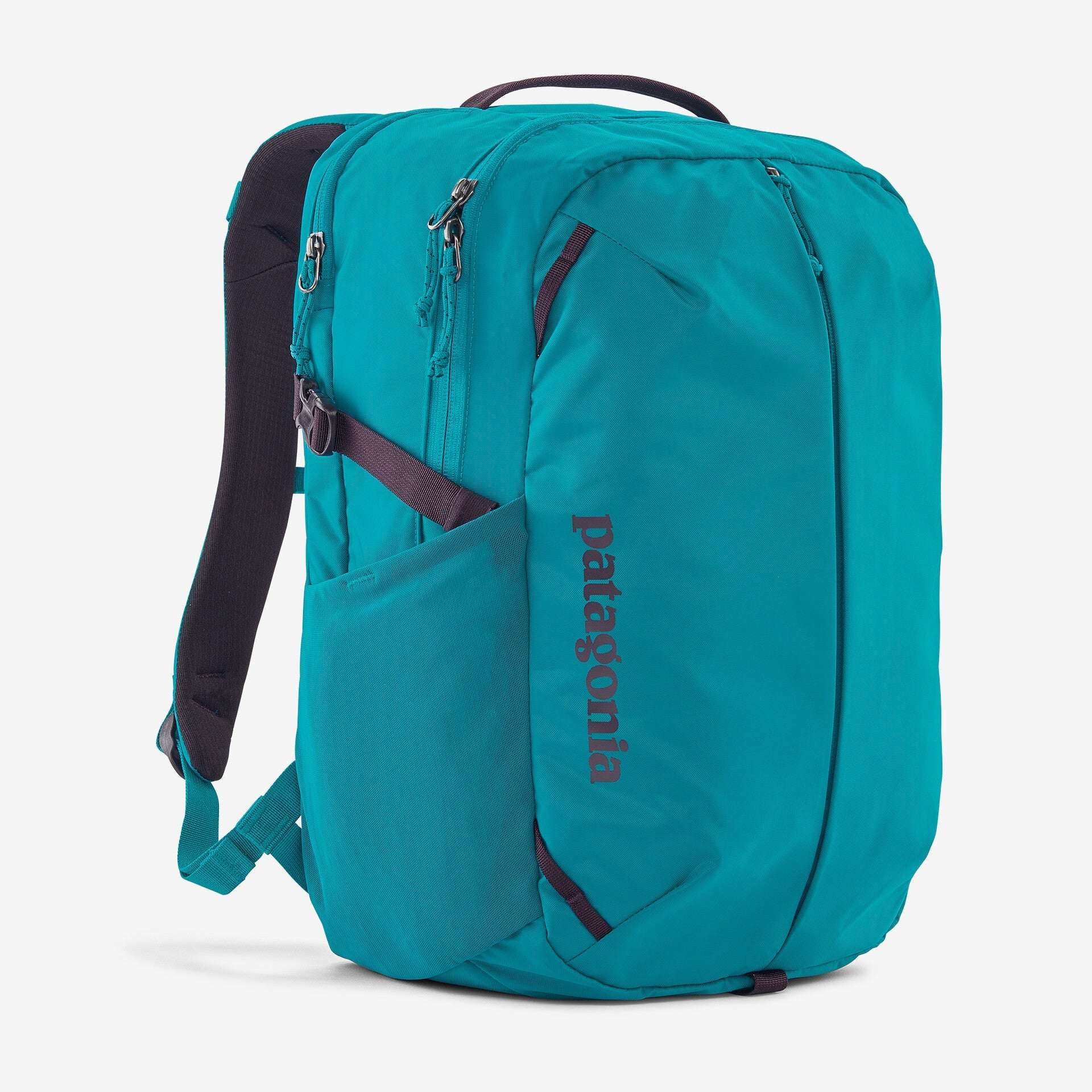 Teal Refugio Day Pack 26L with multiple compartments, recycled polyester material, and bike light clip.