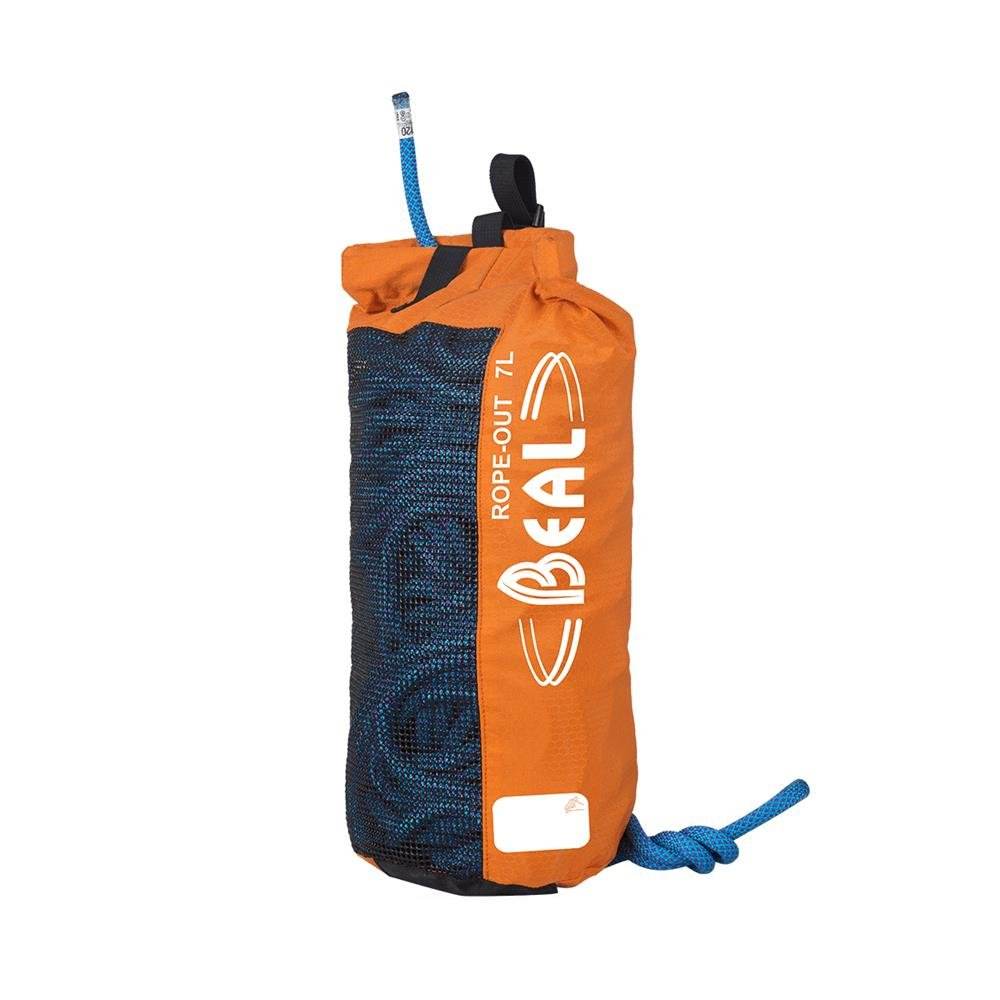Orange Rope Out 7L rope bag for glacier and alpine climbing, featuring rapid release system, PVC material, and 7L capacity.