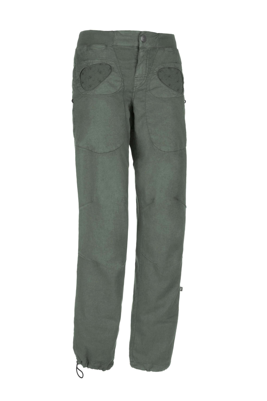 Outdoor climbing pants in linen and organic cotton with embroidery, adjustable waist and ankles, brush holders, regular fit. Made in Italy.