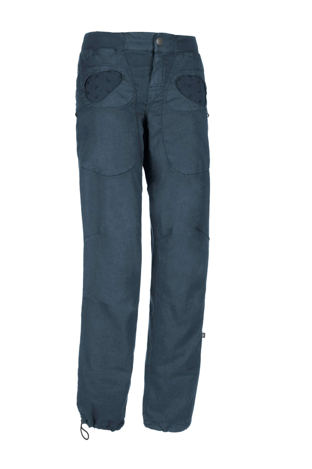 Outdoor climbing pants made from flax and organic cotton, featuring adjustable hems and waist, and brush holders on both sides.
