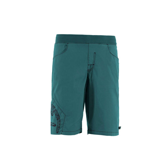 Urban climbing shorts, green, stretch fabric, side print pocket, Pentago Peace.